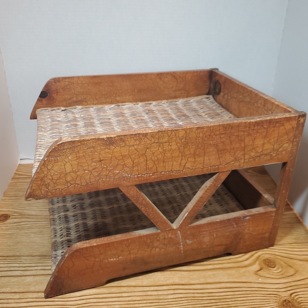 VTG 2 Tier Wood Rattan Wicker Paper Holder Letter Tray Office Desk Organizer