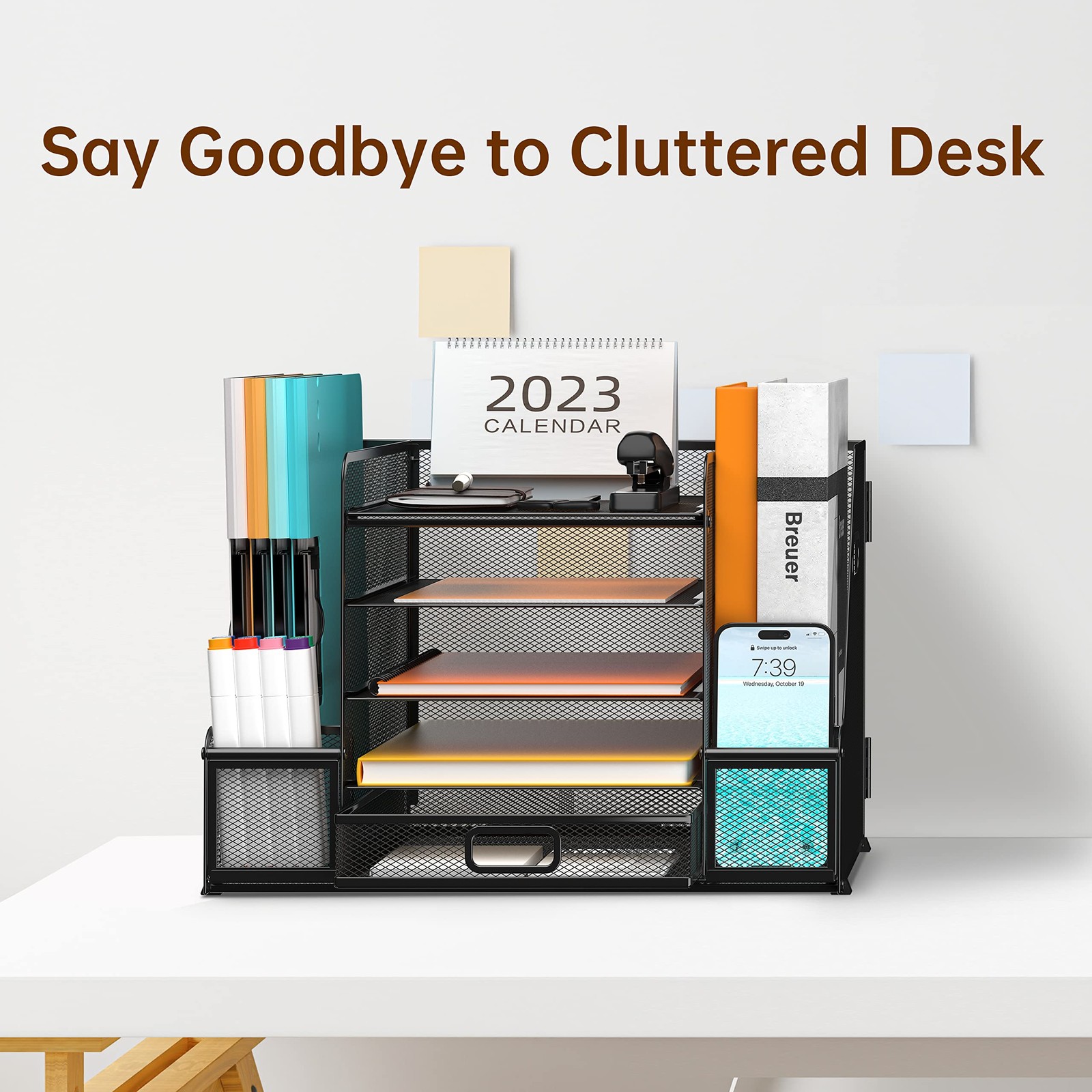Modern Black Desk Organizer with 5-Tier Paper Letter Tray, Magazine Holder, D…