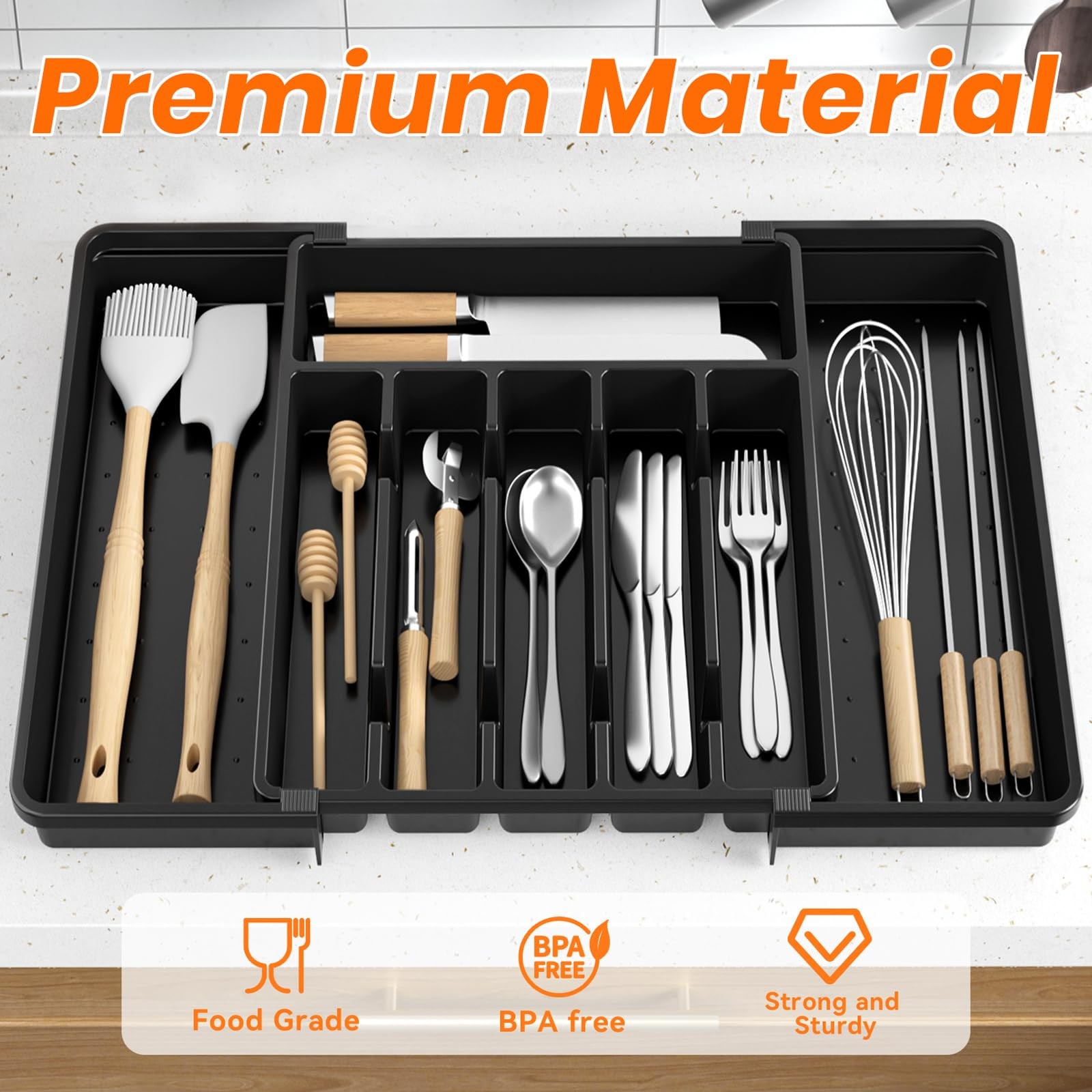 RoomHacks Large Silverware Organizer,Expandable Utensil Drawer Black
