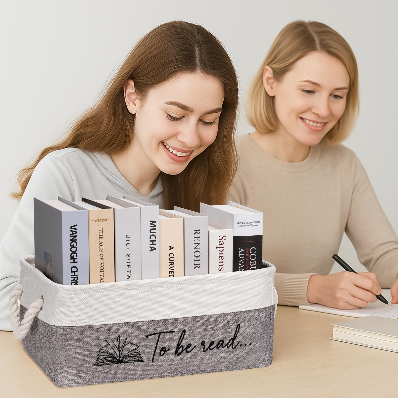 Book Storage Basket TBR Lover Gifts To Be Read Organizer Bin Handles Grey