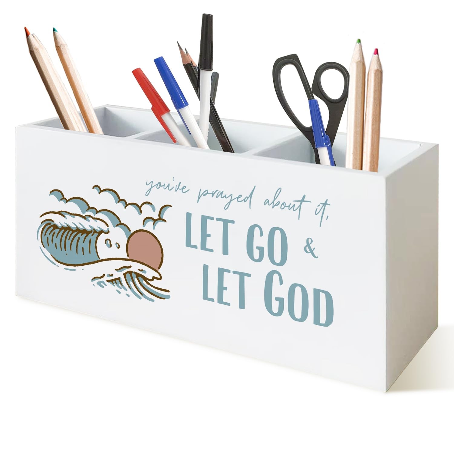 Boho Coastal Beach Christian Pen Holder for Desk, Bible Verse Wooden Sign Des…
