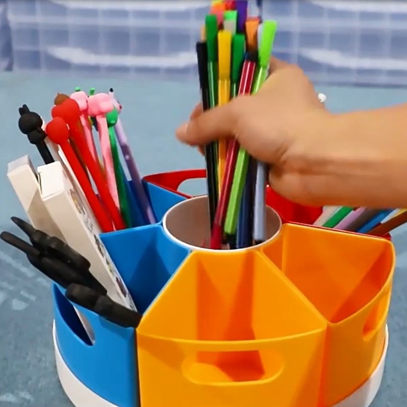 6 Compartments Desk Organiser for Kid, Rotating Pen Organiser Art Supply Holder