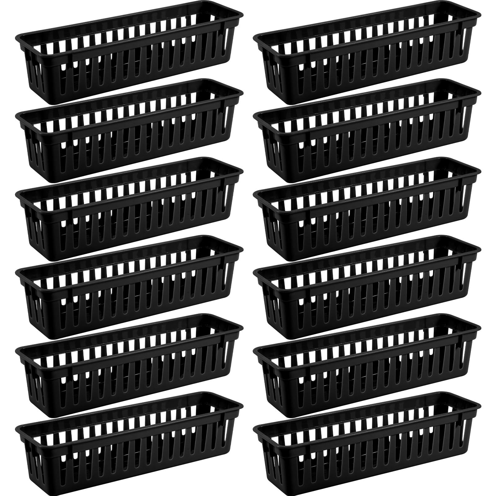12 Pcs Black Slim Plastic Storage Baskets Tray 10 x 3 x 2.5 Inch Compact Stac…