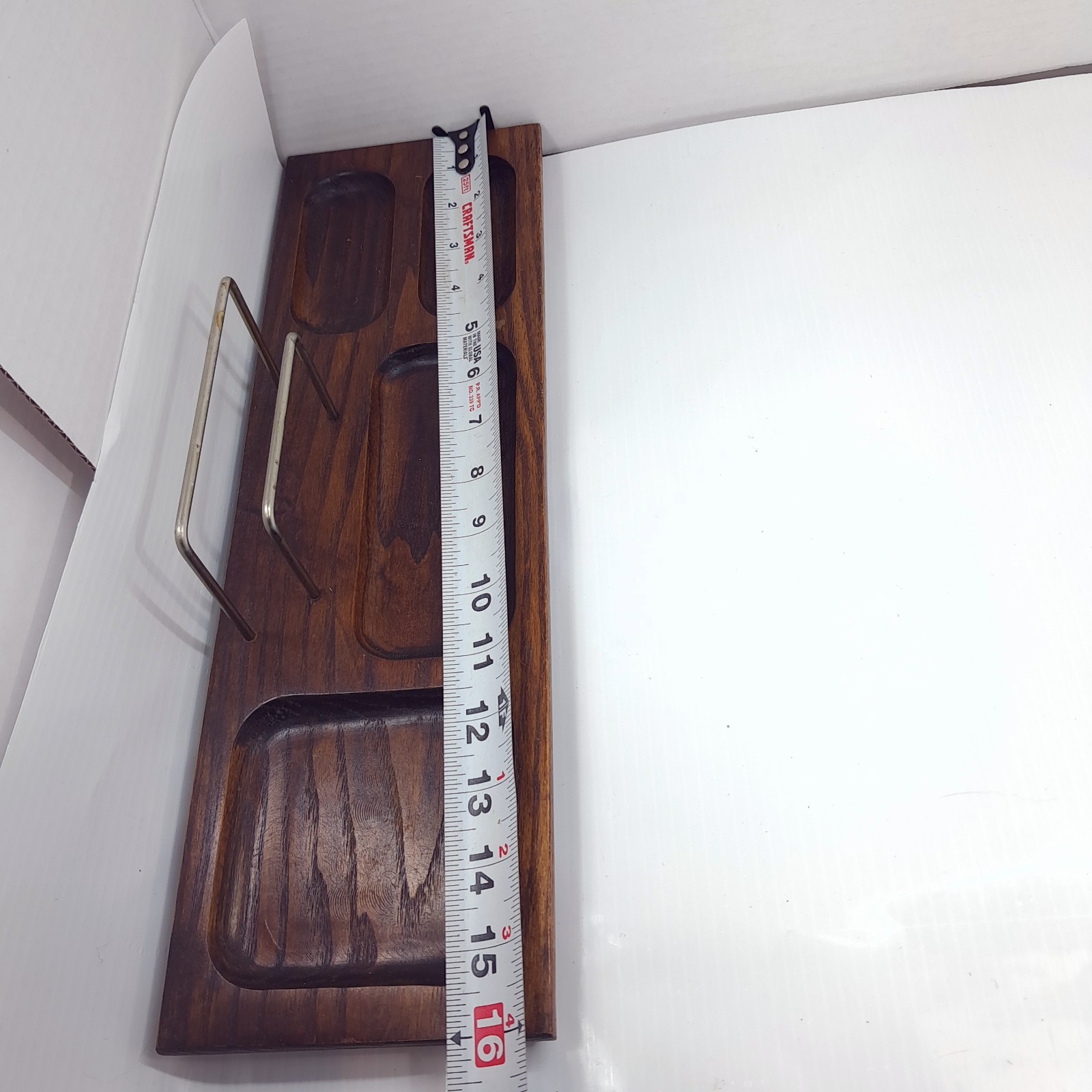 Vintage wood brass rail Desk Organizer Valet Tray office stationary mail paper