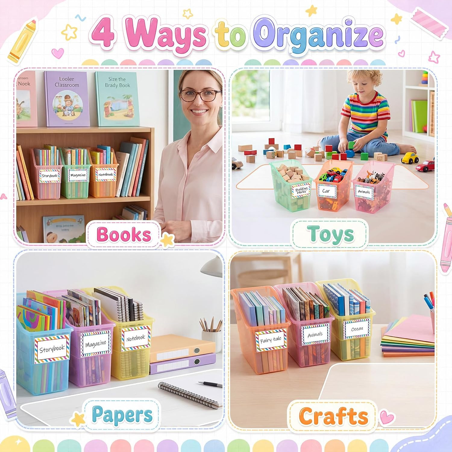 6 Set Book Bins for Classroom with Label Sticker Book Box Baskets Plastic Stacka
