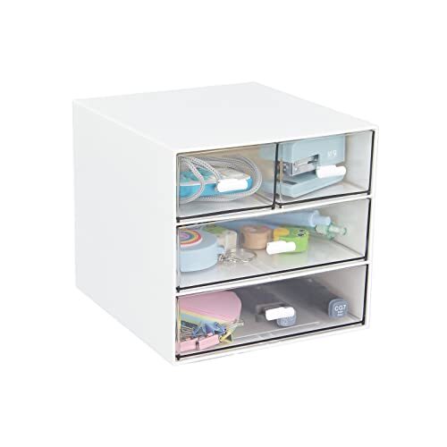 Desk Organizer with 4 Drawers, Clear Plastic Desk Storage Box, White-4 Draws