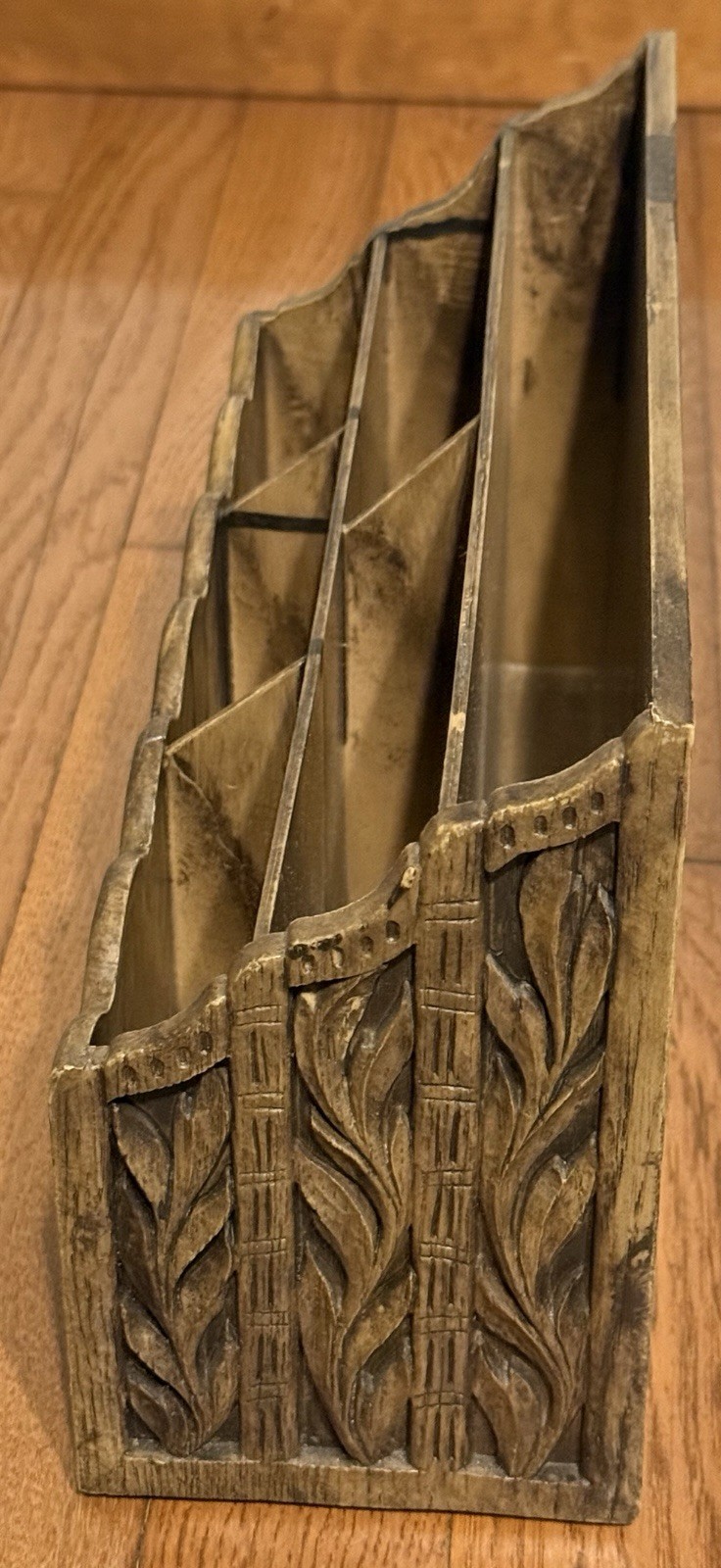 Vintage Lerner Desk Organizer Sorter Caddy Faux Carved Wood Mail Bills Utensils