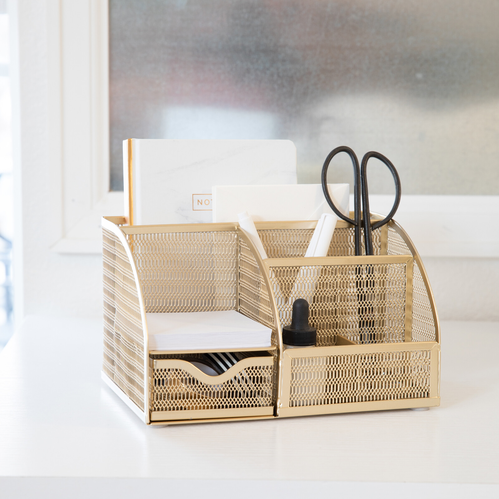 Blu Monaco Unique Metal Gold Desk Organizer with Drawer