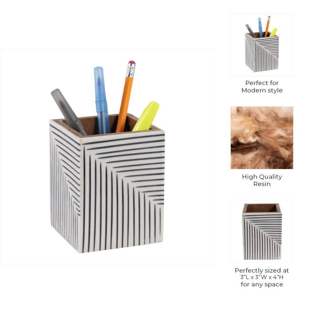 Black/White 4 In. X 3 In. Resin Square Ridged Lines Pencil Cup