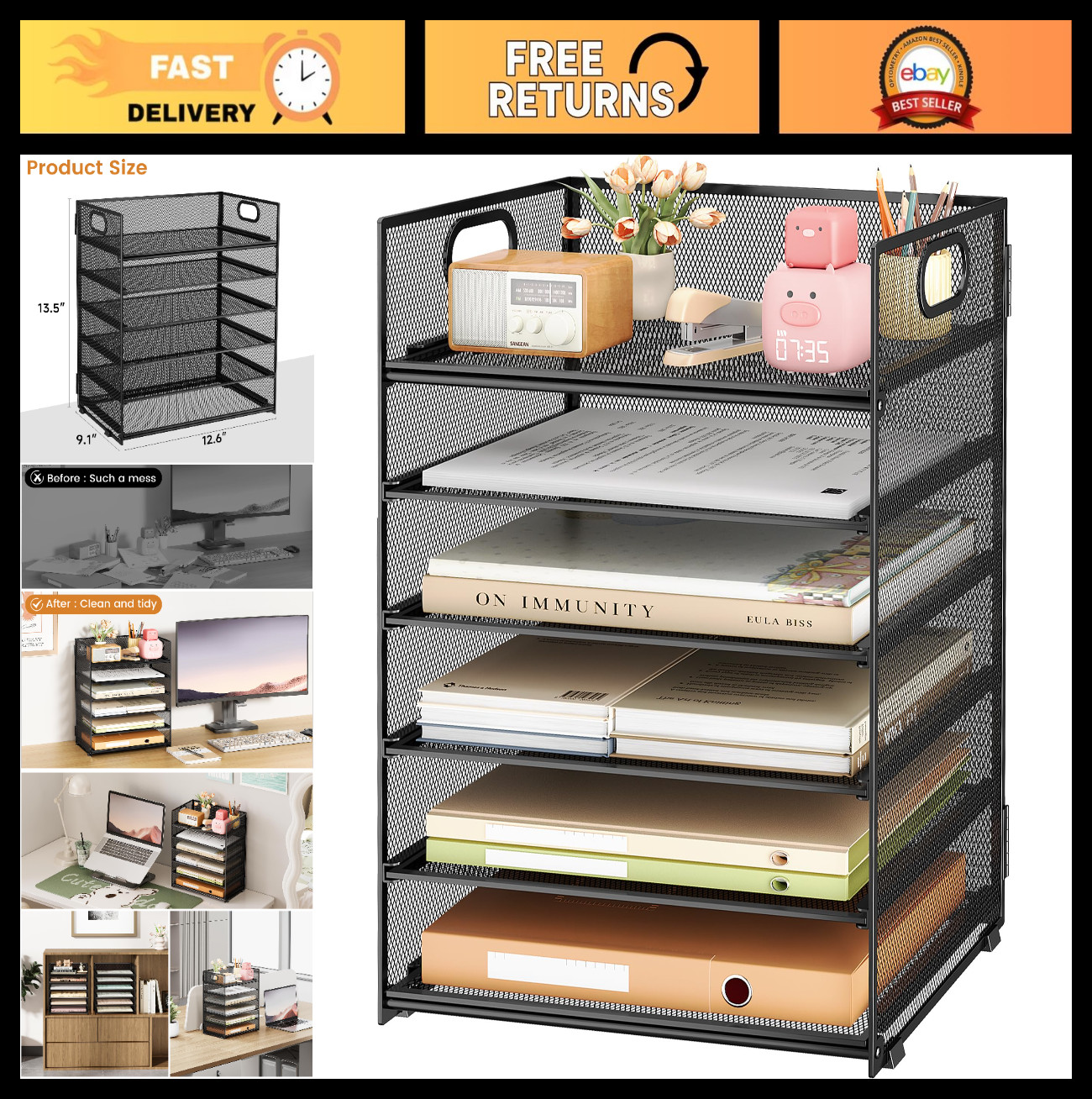 6-Tier Stackable Paper File Tray Organizer – Black Mesh Desk Sorter with Handle