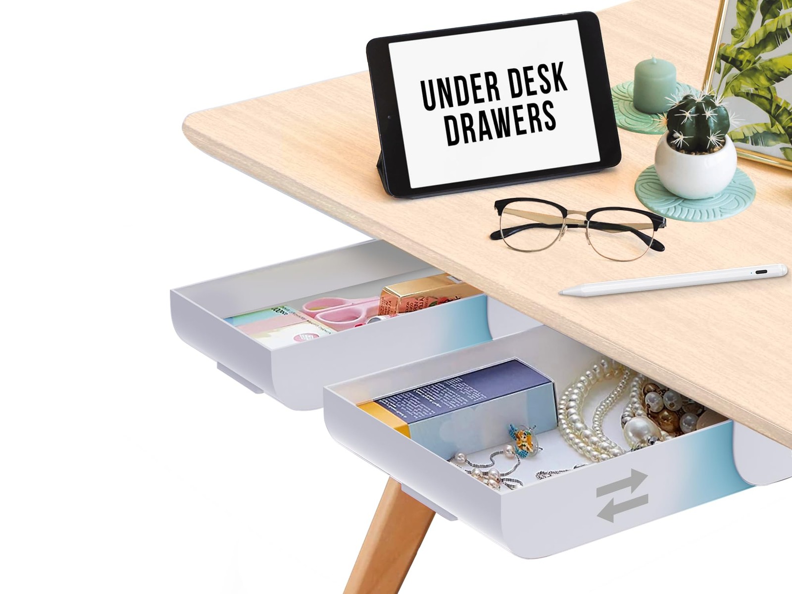 Desk Oasis 2 Pack Under Drawer Organizer, Slide Out Storage for white
