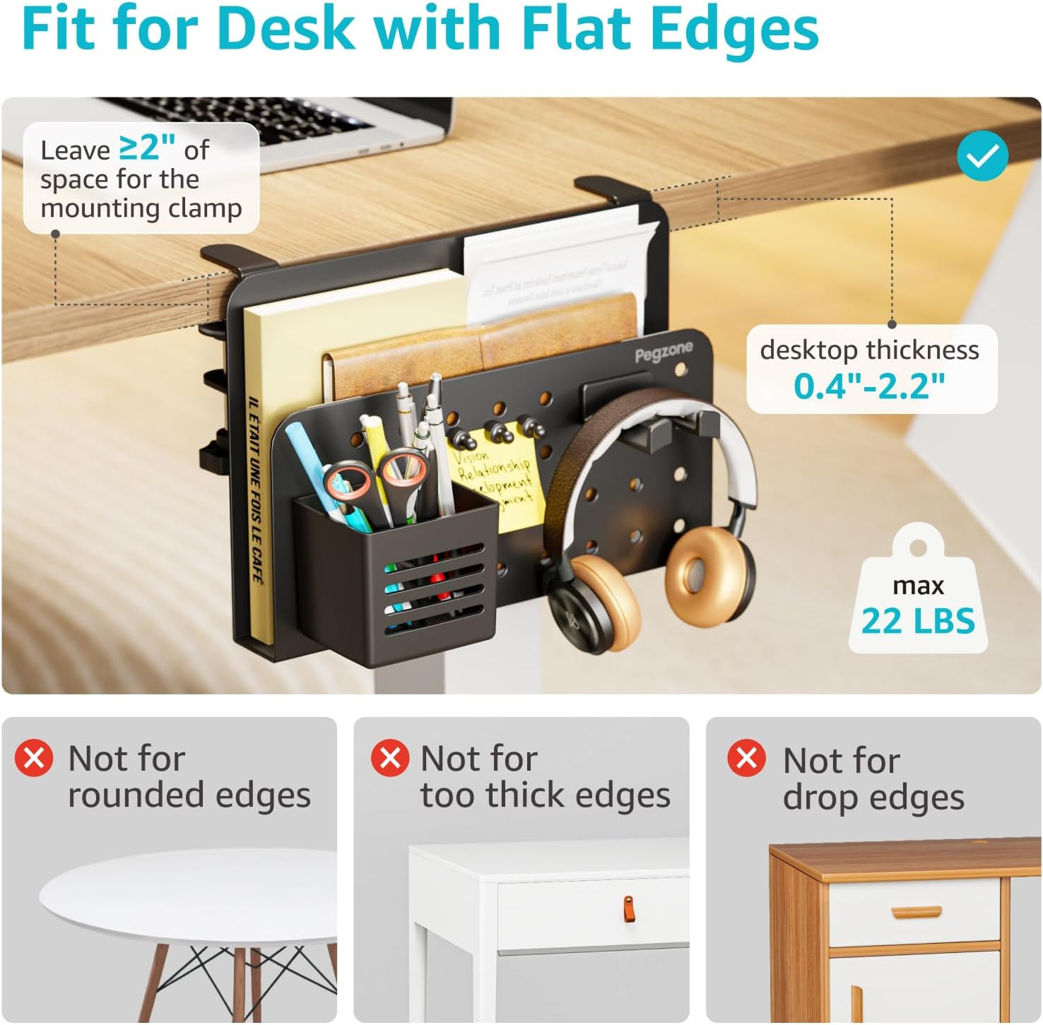 Desk Side Storage Organizer, No Drill under Desk Laptop Holder, Clamp on Desks S