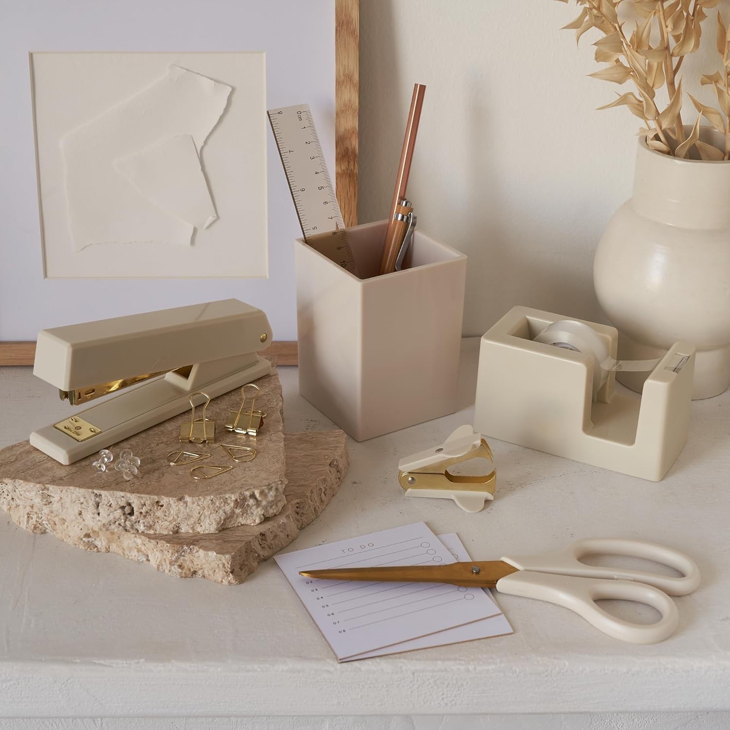 Elegant Beige Desk Accessories Set – Ultimate Office Organizer with Gold Finish