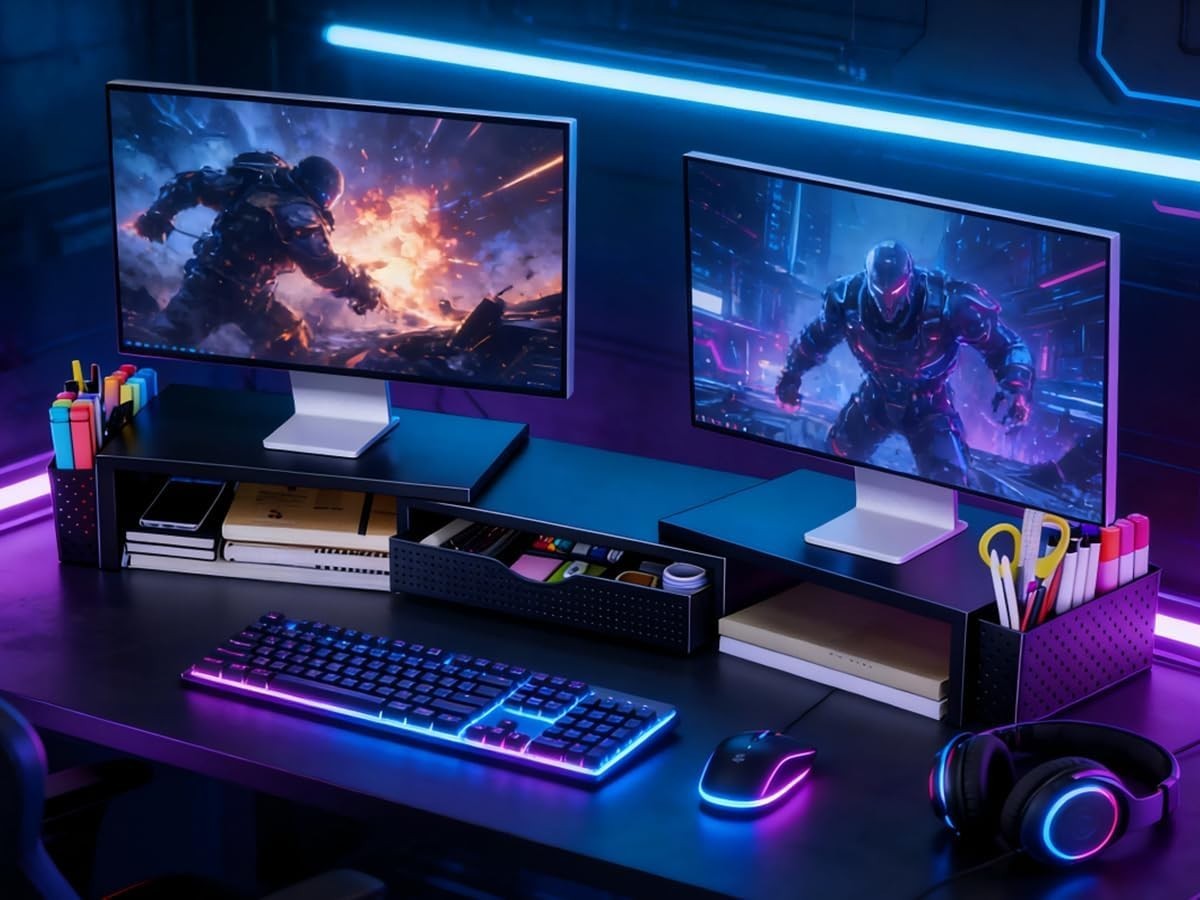 All-in-One Dual Monitor Stand Riser & Workspace Organizer – Black Metal Design