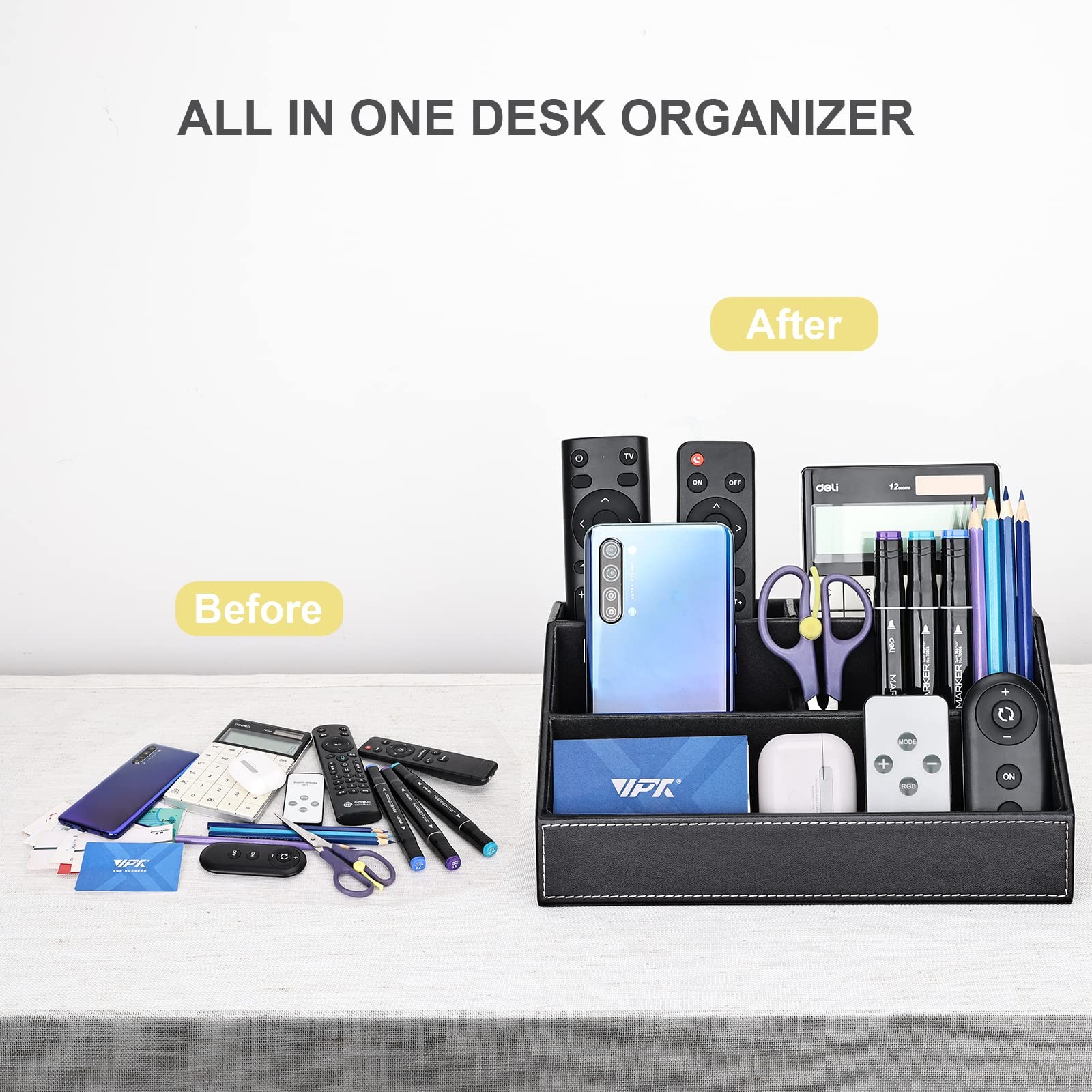 KINGFOM Pu Leather Desk Organizer with 5 9.4 x 5.3 x 4.7 inches, Black