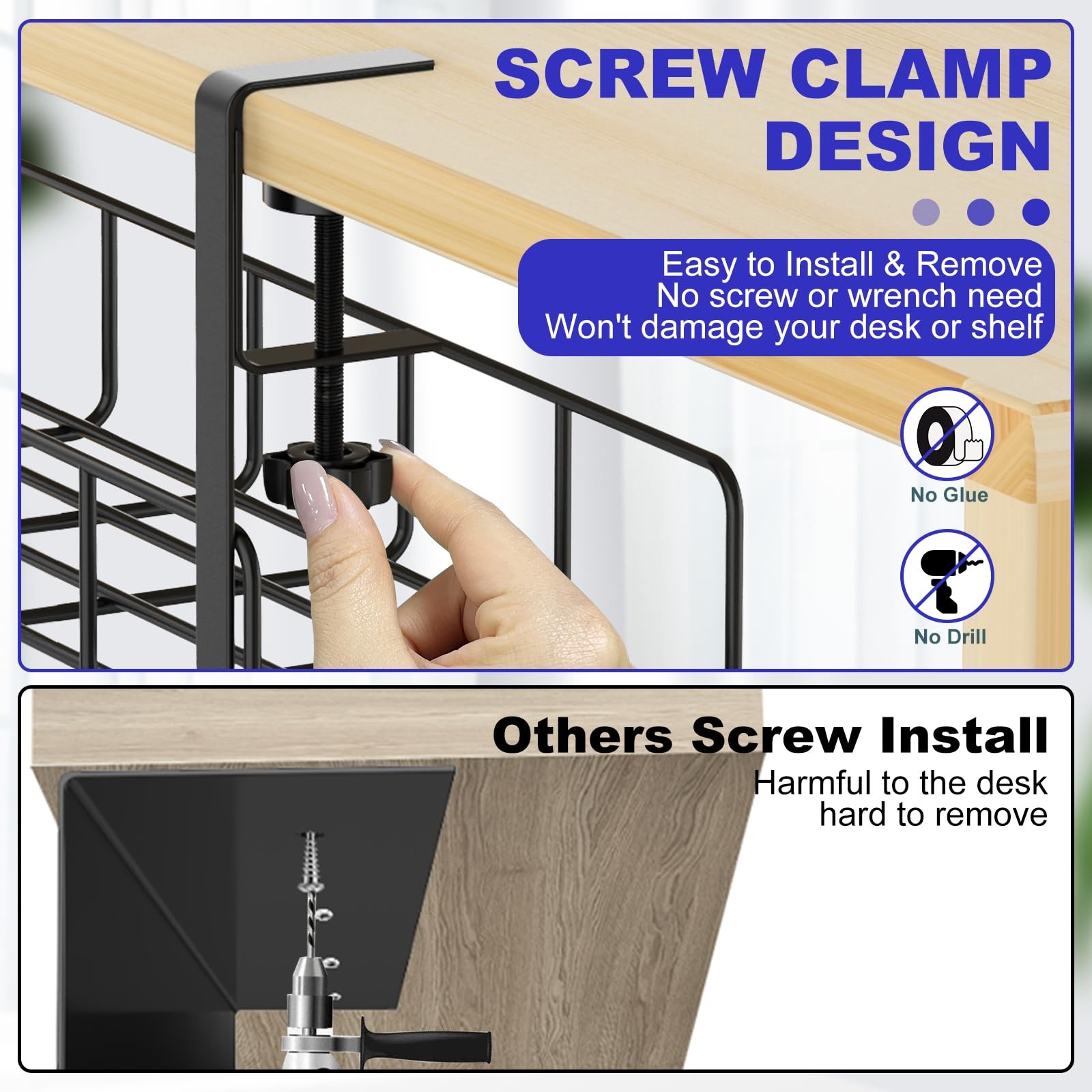 15.7” Under Desk Cable Management Tray, No Drill Steel 1 Pack, Black