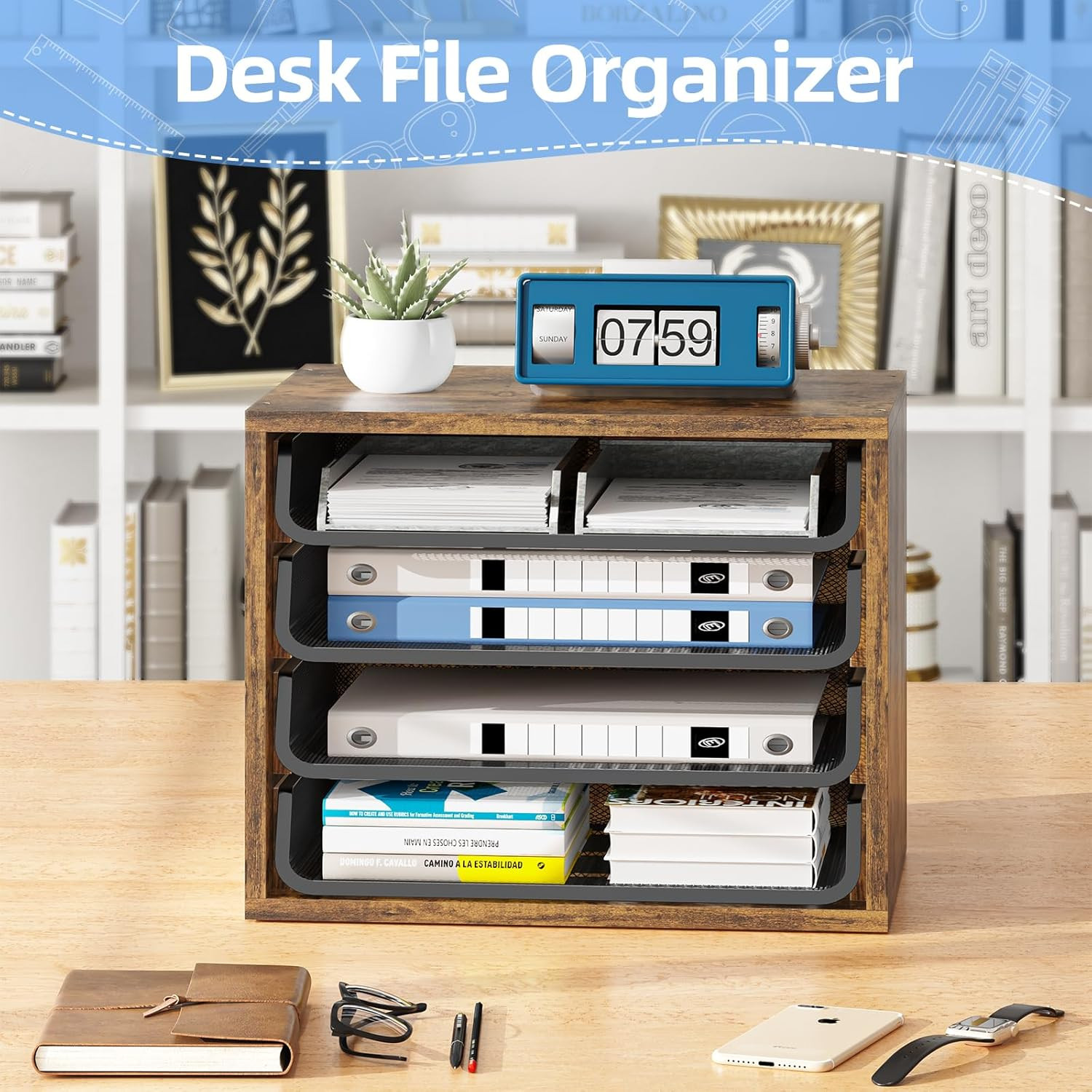 Desk File Organizers, 4-Tier Letter Tray Paper Organizer with File Holder, Woode
