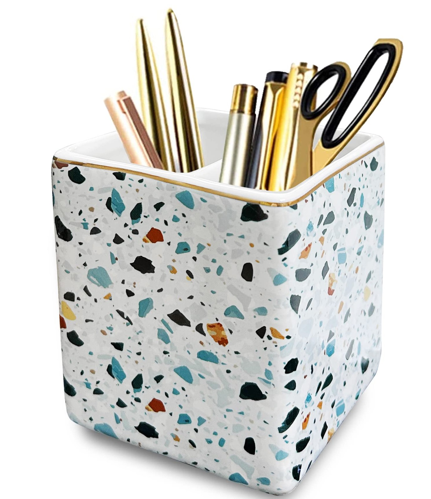 Pen Holder for Desk,Ceramic 2 Compartments Gold Terrazzo Marble Pencil Holder…
