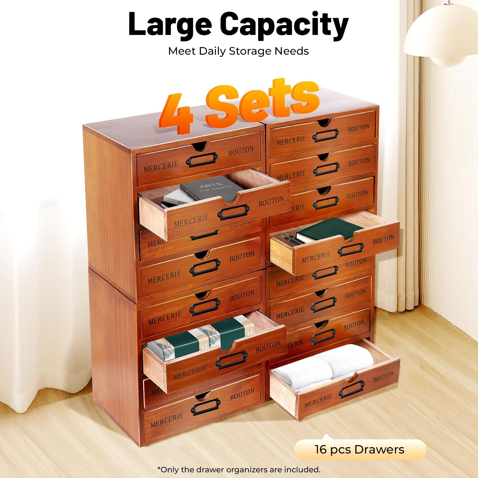 Josbuynls 16 Drawer Wooden Storage Box, 4Pcs 4-Slot Vintage Brown, Wood