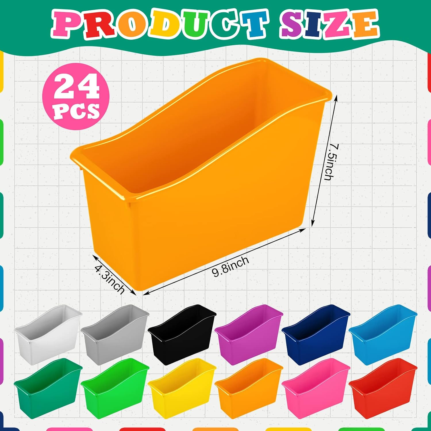 Jinei 24 Pack Multicolor Book Bins for Classroom Decor Bulk Plastic Bins with Na