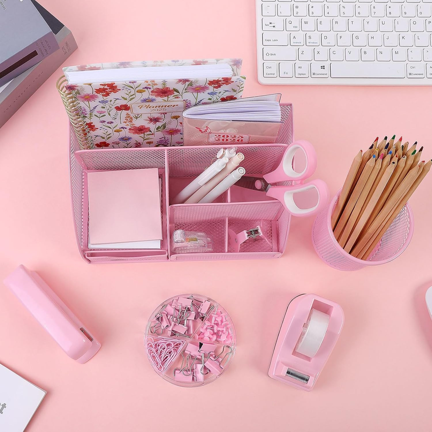 Pink Desk Accessories, Pink Office Supplies Set, Mesh Desk Organizer, Stapler, T