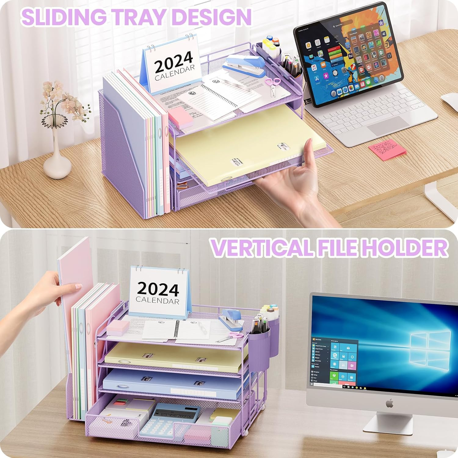 4 Tier Desk Organizer with Drawer and 2 Pen Holders Purple
