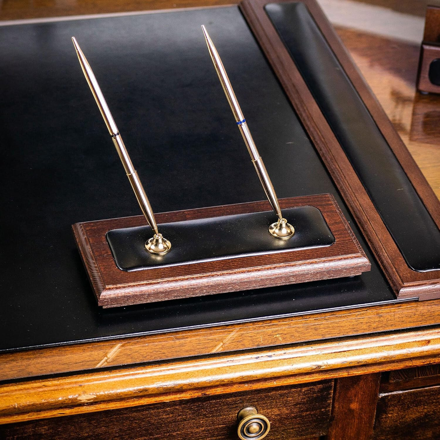 Dacasso Luxury Walnut & Black Leather Double Pen Stand with Rolling Ball Pen