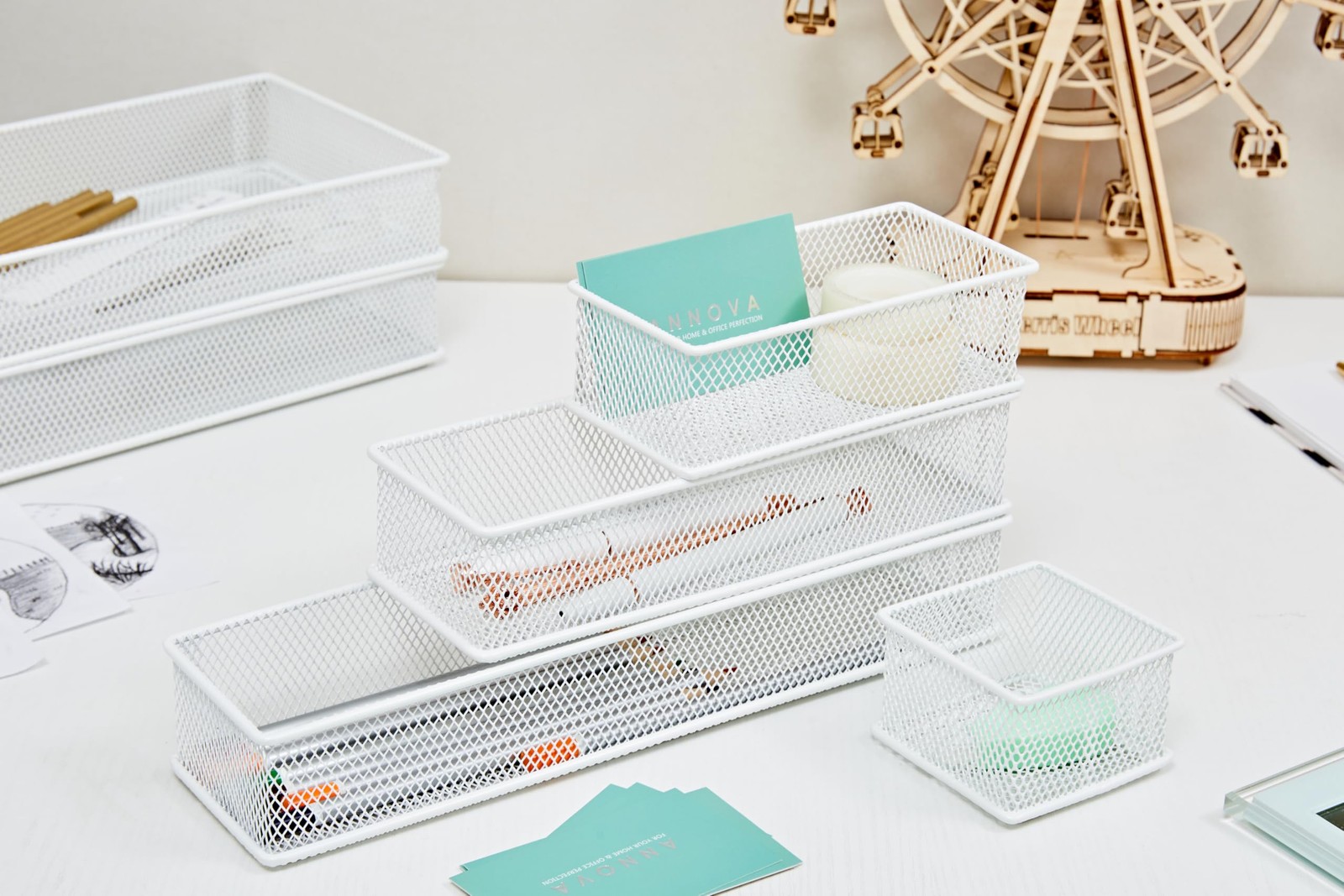 Mesh Stackable Drawer Shelf Organizer Bins Tray White 2 Pack 3x6x2 Inch