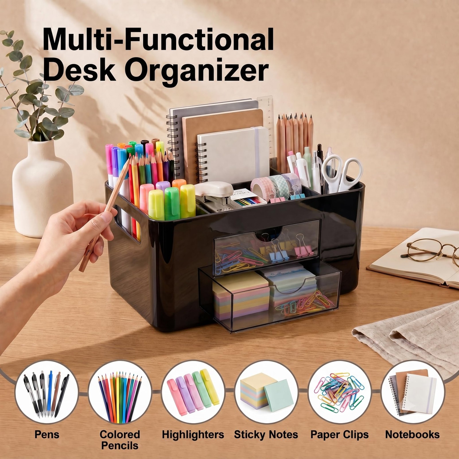 Black Desk Organizer with Drawers, 4 Slots, Side Handles, Pen Holder