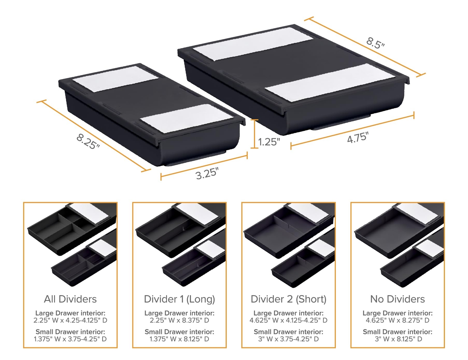 Bostitch Konnect 2 Pack Under Desk Drawer Organizer with Adjustable Dividers