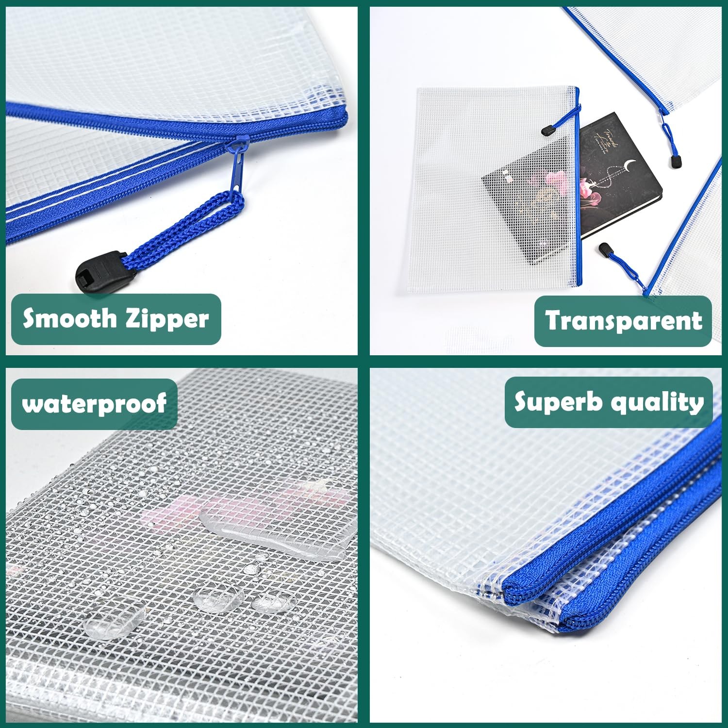 10 Pcs Zipper File Bags, Waterproof Plastic Mesh Pouch for Office School, Boa…