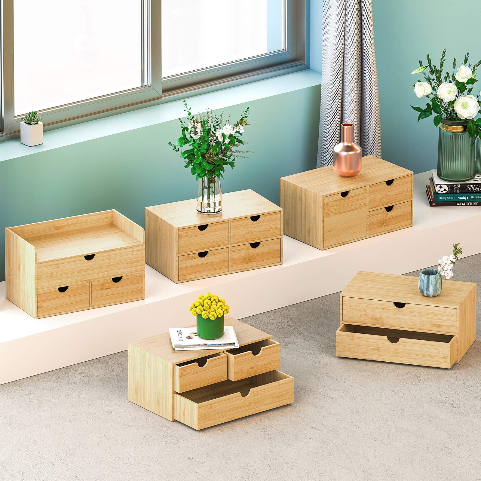 Bamboo Desk Drawer Organizer, 2~Drawer Desktop Storage for Office Home