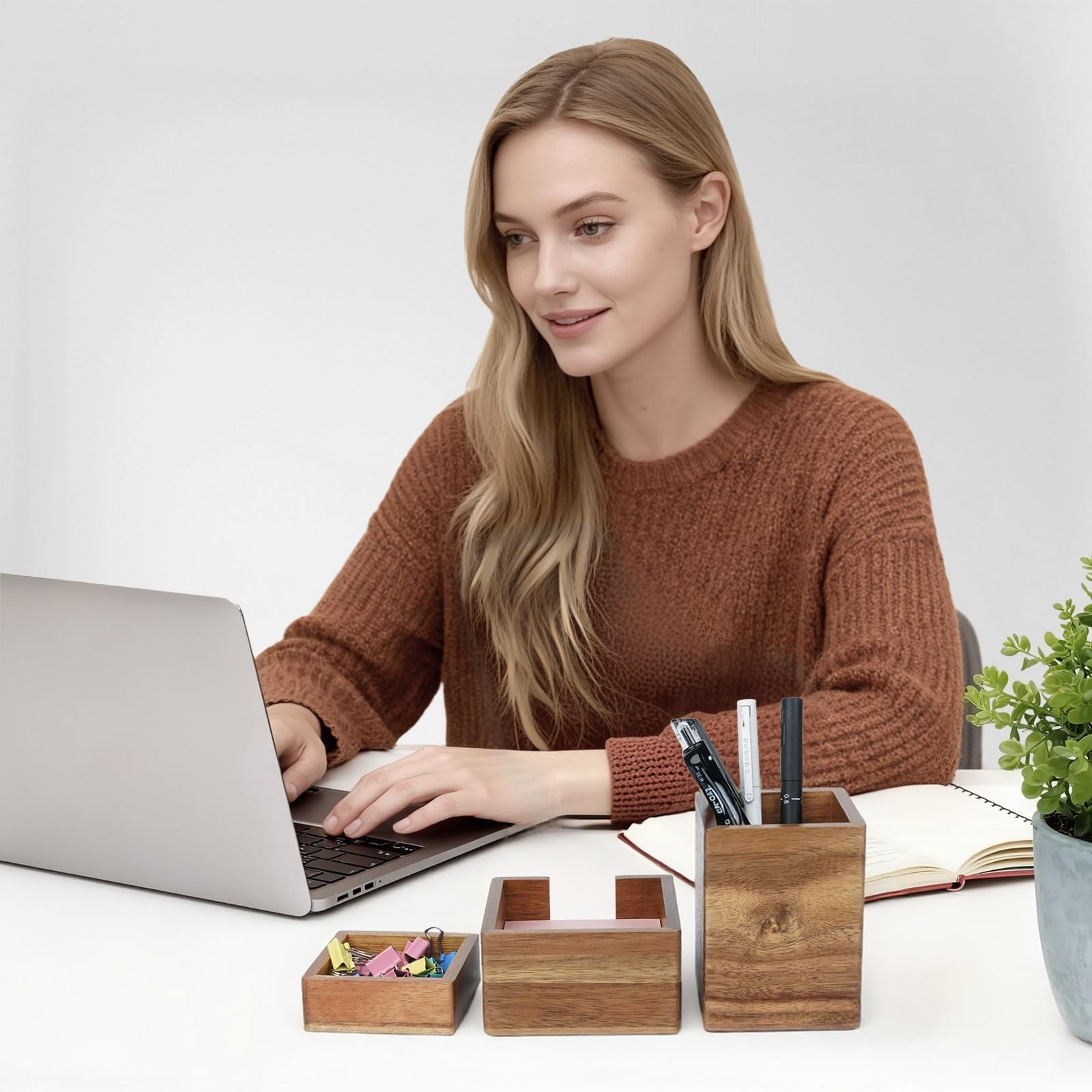 3 PCS Brown Wooden Desk Organizer Set Pine Wood Office Desk Accessories with …