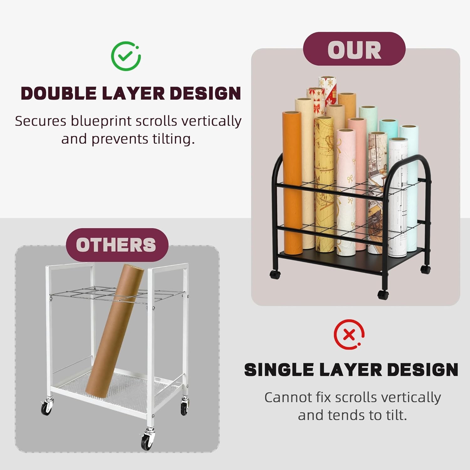 Blueprint Storage Holder W/ Wheels – 20-Slot Metal Roll File Rack