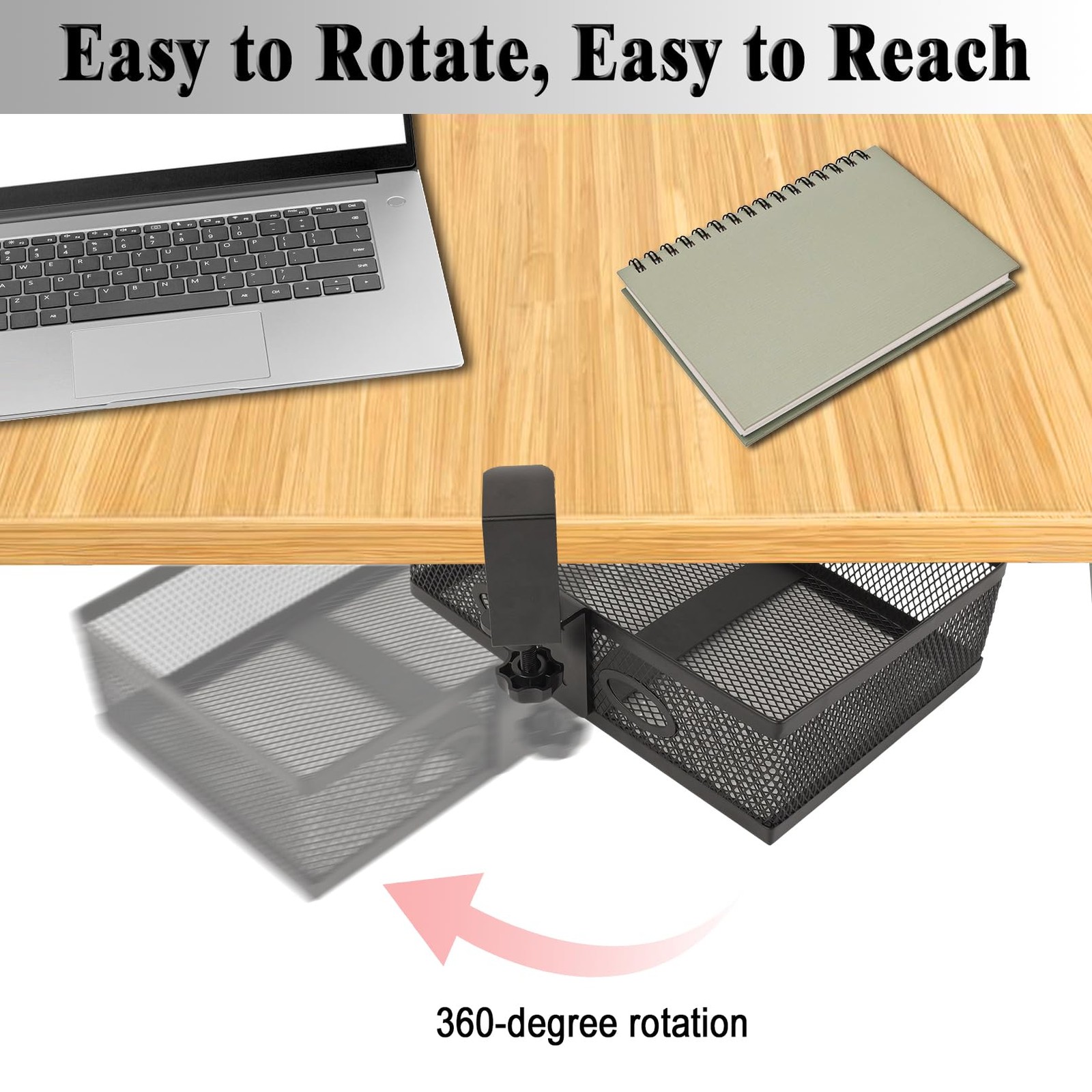 360° Swivel Under Desk Drawer Organizer, Clamp~On Mesh Storage
