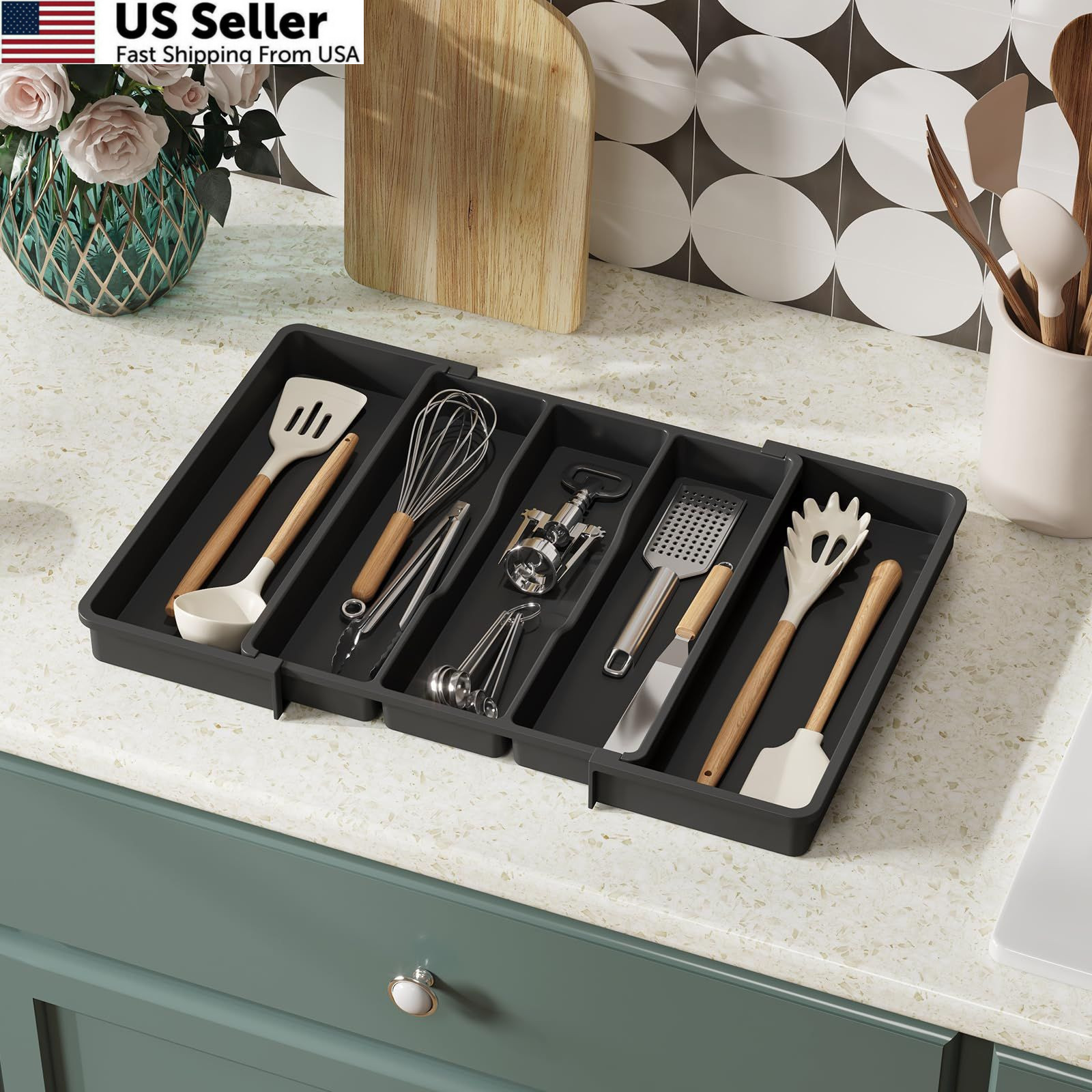 Lifewit Utensil Organizer for Kitchen Drawers, Large(13-22”W x 15″D), Black