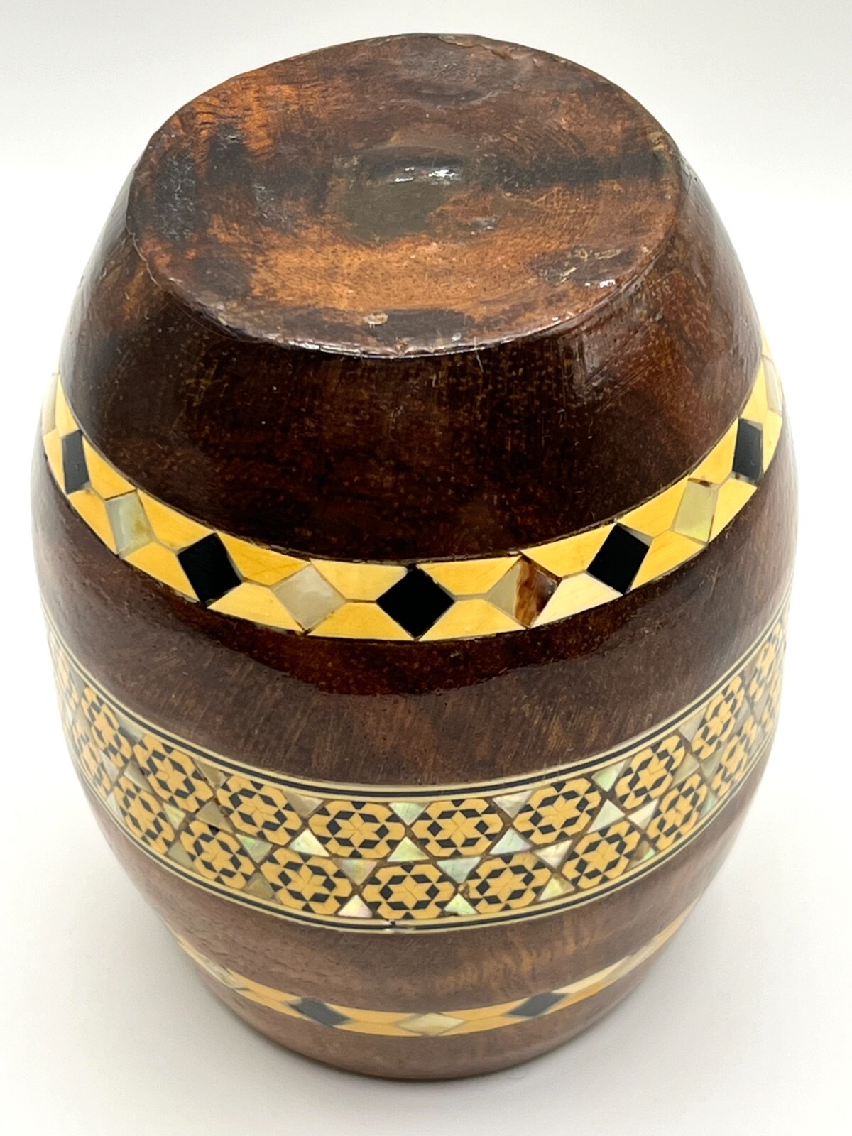 VTG Barrel Shaped Wooden Pen Holder Mother of Pearl Inlay Office Desk Decor 4.2″