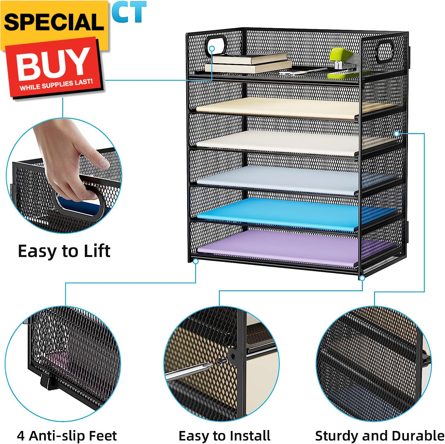 6 Tier Paper Organizer Letter Tray – Mesh Desk File Organizer with Handle, Paper