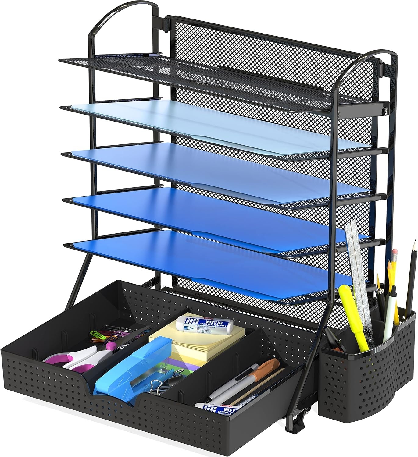 6-Tier Desk Document File Tray Organizer with Supplies Sliding Drawer, Black