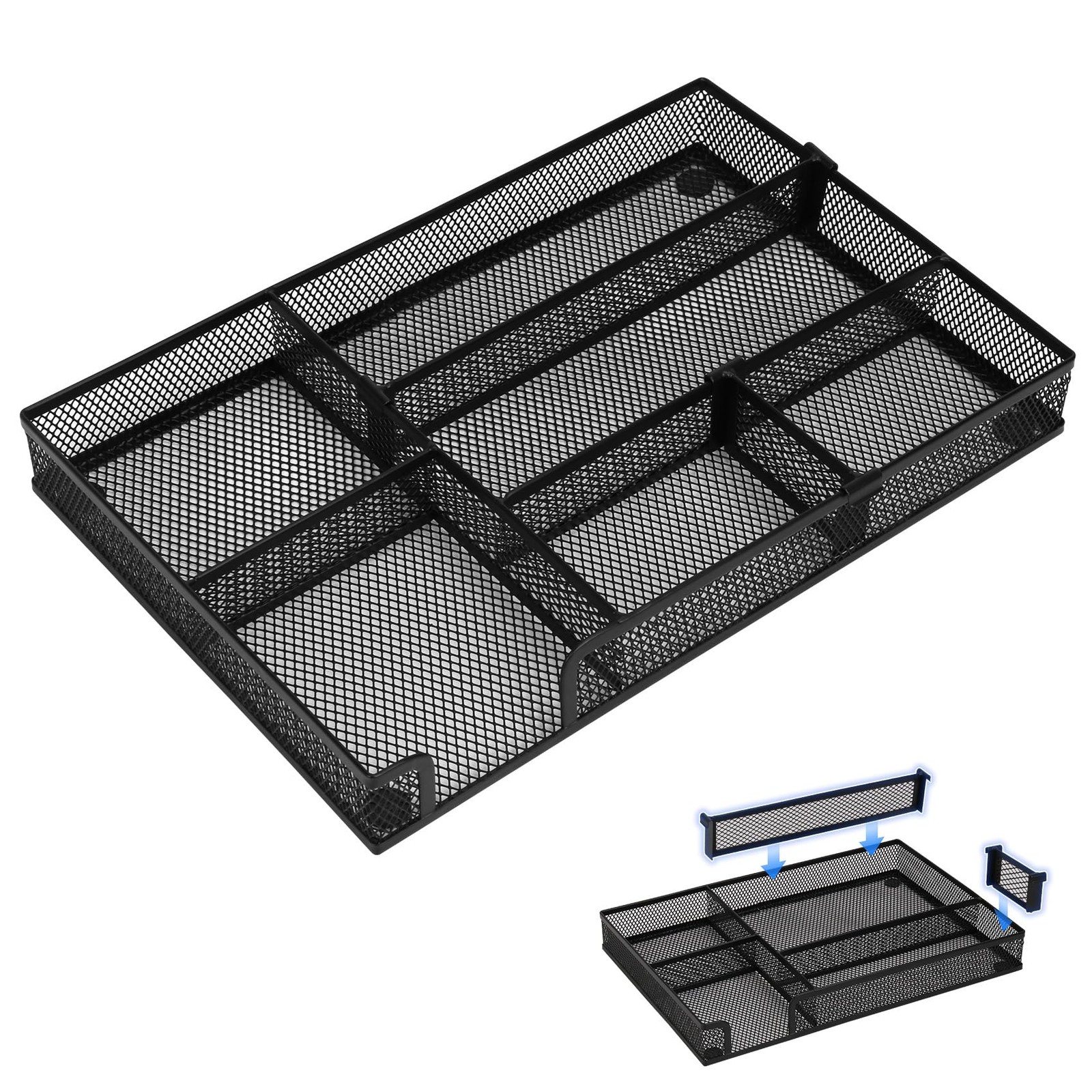 2.6×8.26×1.57 Inch Metal Mesh Desk Drawer Organizer Tray 2 Compartments Bin