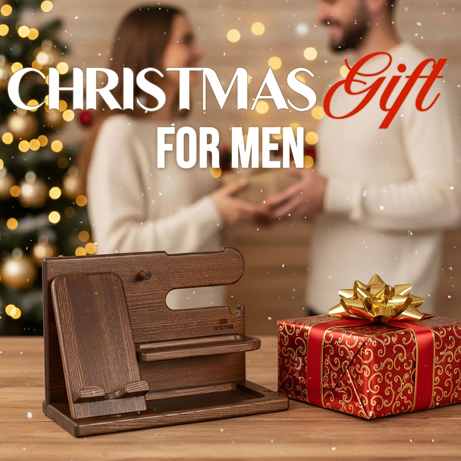 TESLYAR Wood Phone Docking Station for Men – Desk or Nightstand Bourbon Brown