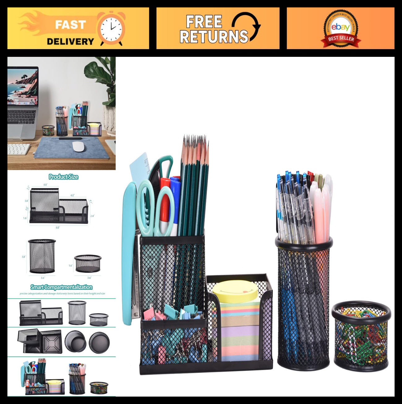 Mesh Desk Organizer Set of 3 – Pen Holder, Sticky Note Holder, Pencil Cup & Pape