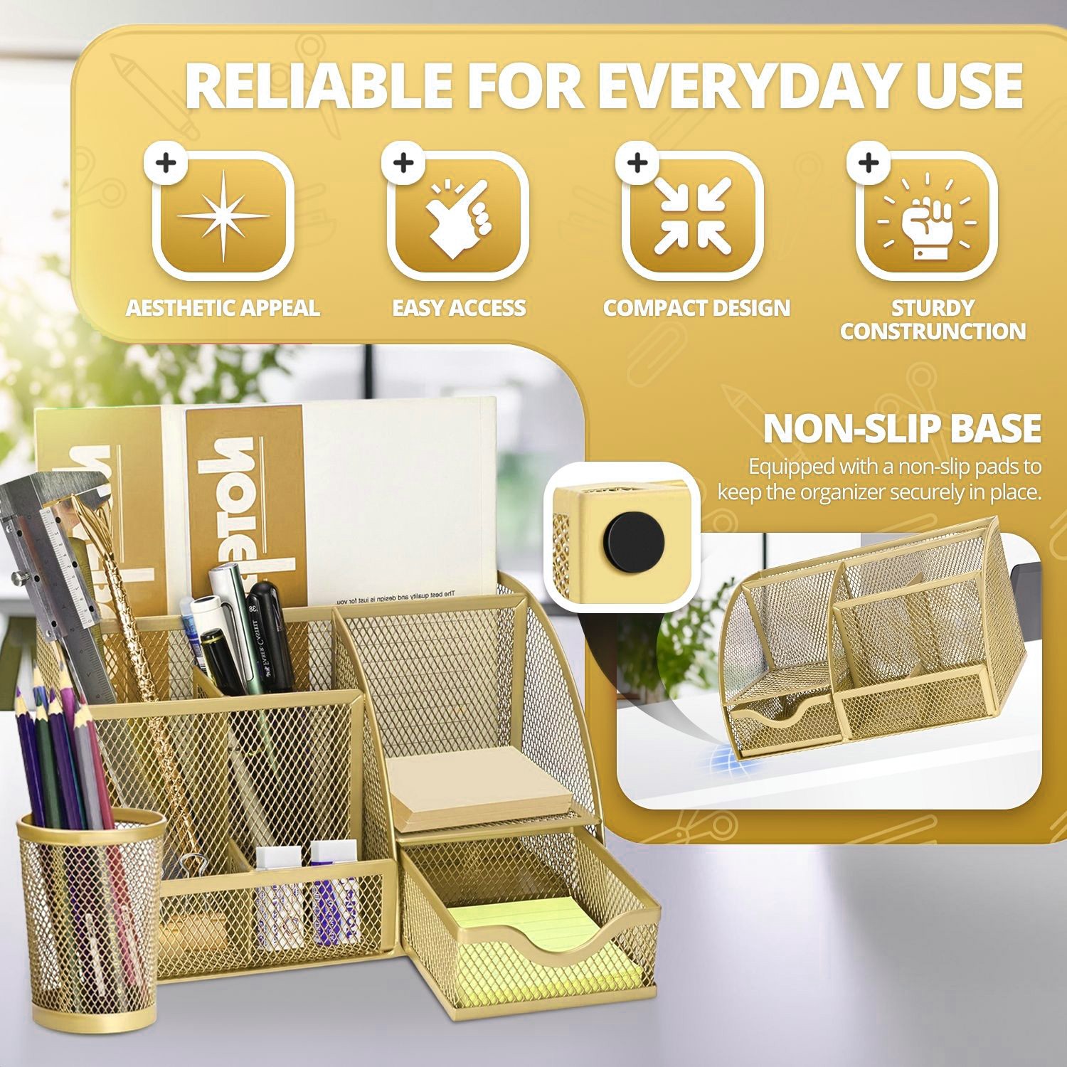 Desk Caddy Organizer Set (Rose Gold) – Metal Mesh Desktop Caddy w/ Pencil Holder