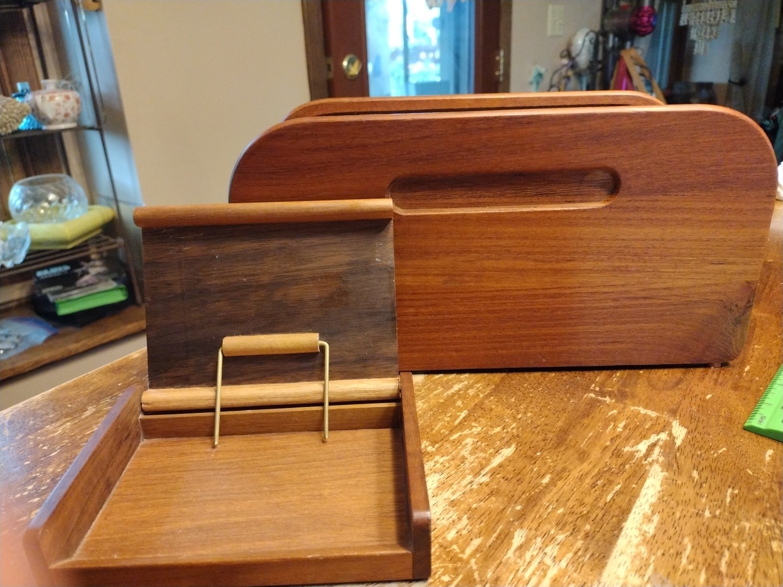 EIN Teak Wood Roll Desk Top Organizer Storage Box MCM Plus Note Card Holder 2 Pc