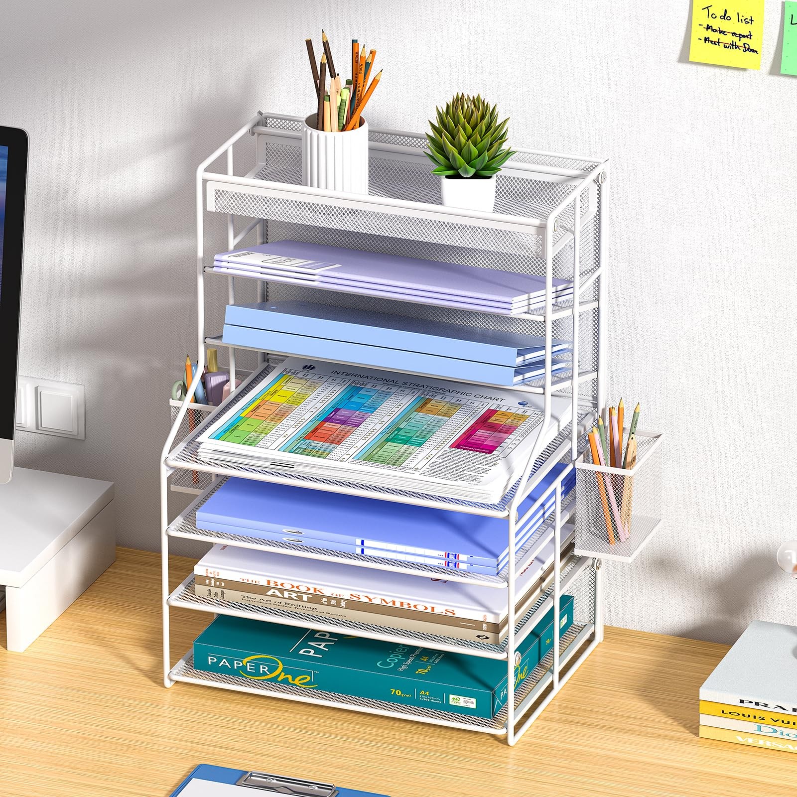 7 Tier Desk File Organizer Adjustable Shelves Pull-Out Drawer Pen Holder White