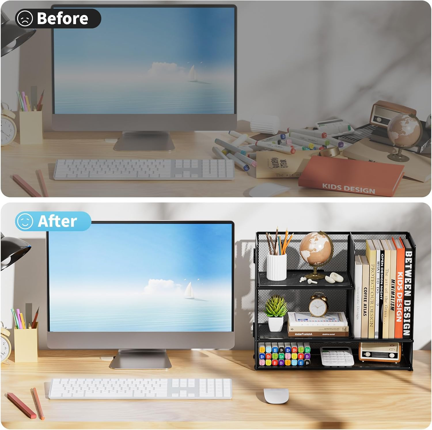 3-Tier Desk Shelf Organizer with Handle, Desktop Bookshelf File Holder, Mesh Dis