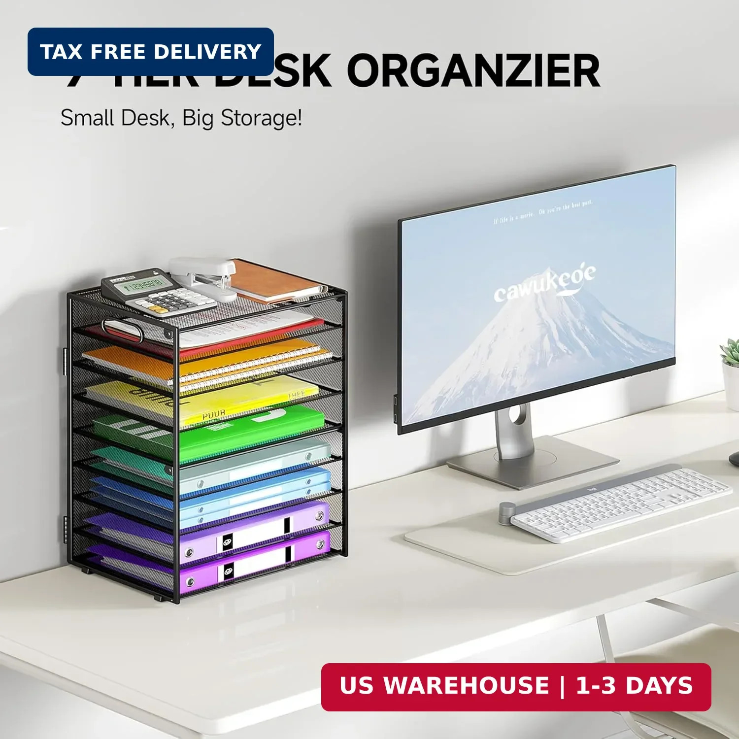 Cawukege 9 Tier Paper Organizer with Handle, Black Large Capacity Desk Organizer