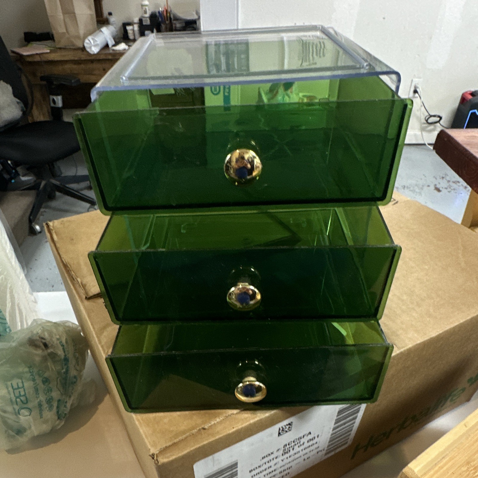 Green Plastic 3-Drawer Desktop Organizer Storage Box w/ Clear Top Gold Knobs