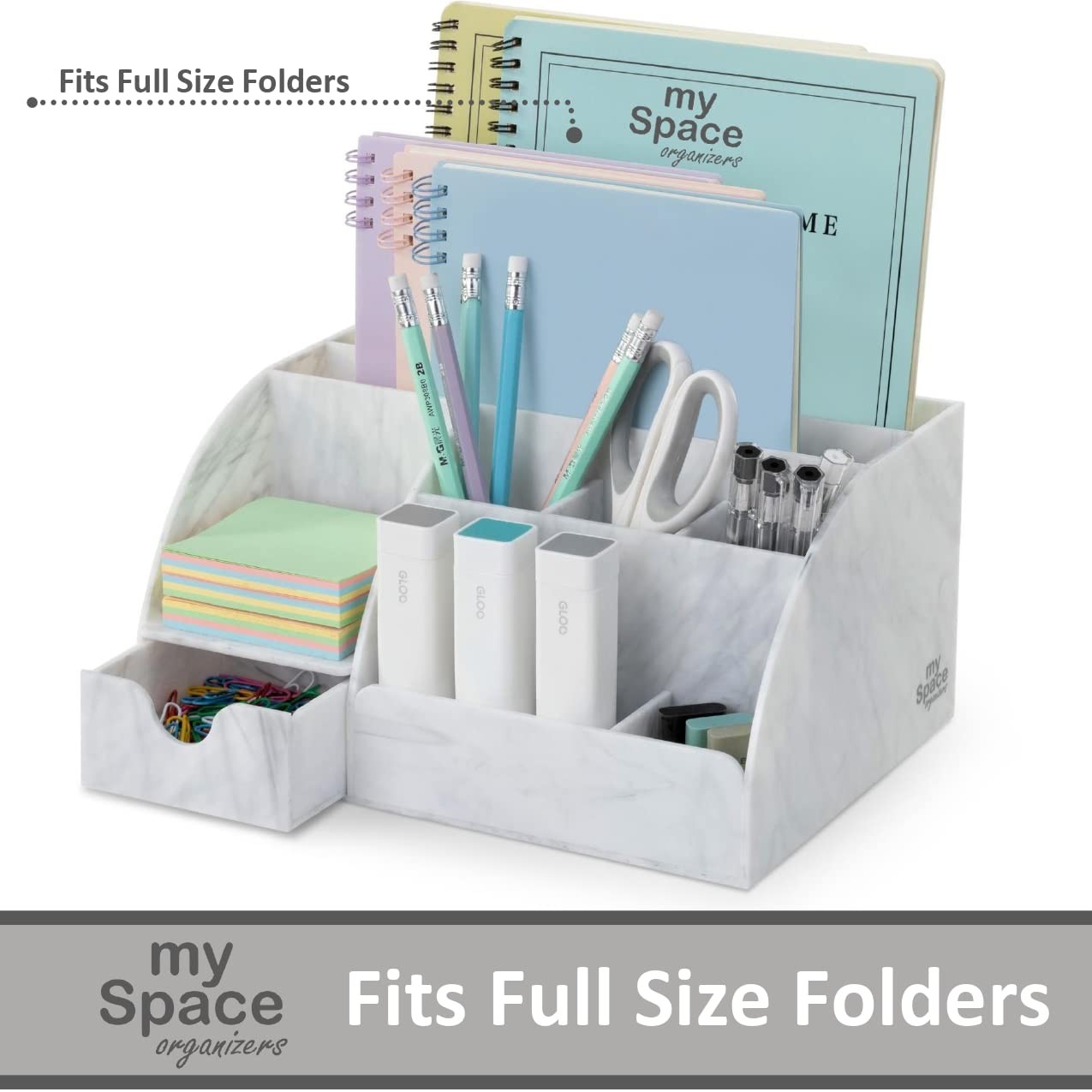 Marble Desk Organizer, 9~Section Pencil Pen Holder for Office Supplies, White