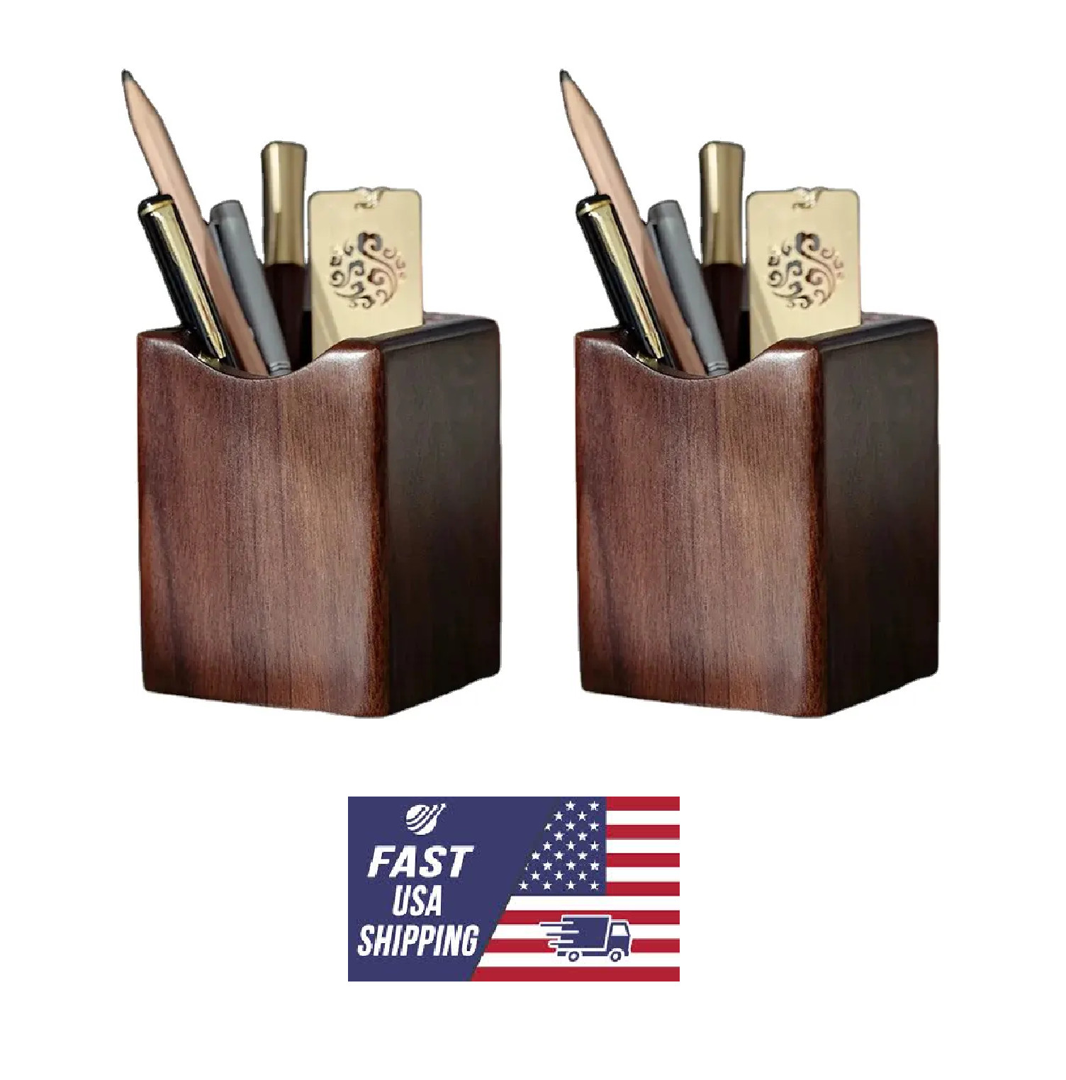 2 Pack Wood Pen Pencil Holder Stand Multi Purpose Natural Wood Pencil Cup Pot